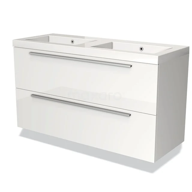 Witte badmeubelset met dubbele wastafel, strakke lades en chromen grepen, ideaal voor moderne badkamers.