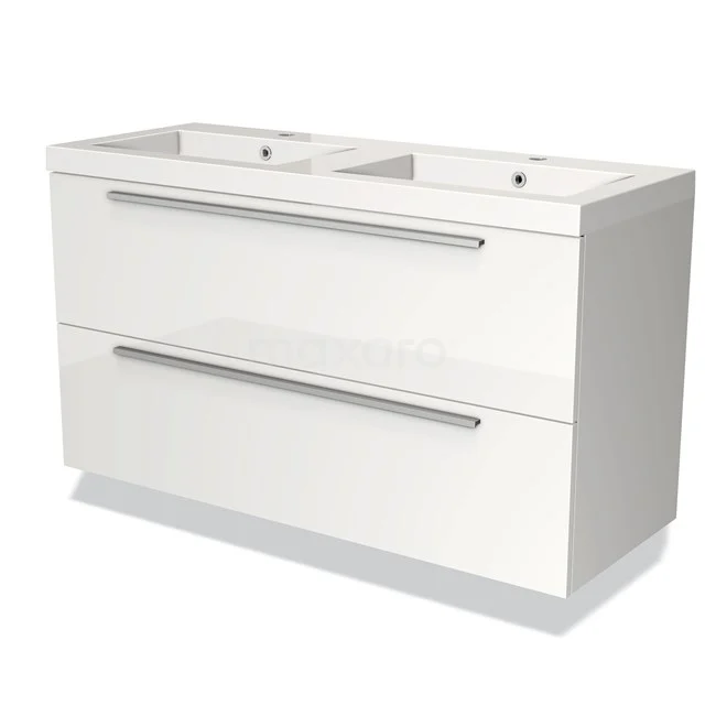 Badmöbel 120cm Modulo Hochglanz Weiß 2 Schubladen Flaches Waschbecken Mineralguss BMW17-01341 Weißes Doppel-Waschtischmöbel mit zwei Schubladen, modernes Design, ideal für moderne Bäder.