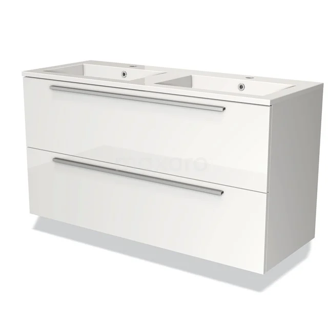 Wit zwevend badkamermeubel met dubbele wastafel, minimalistisch design, twee lades met metalen grepen voor volop opbergruimte.