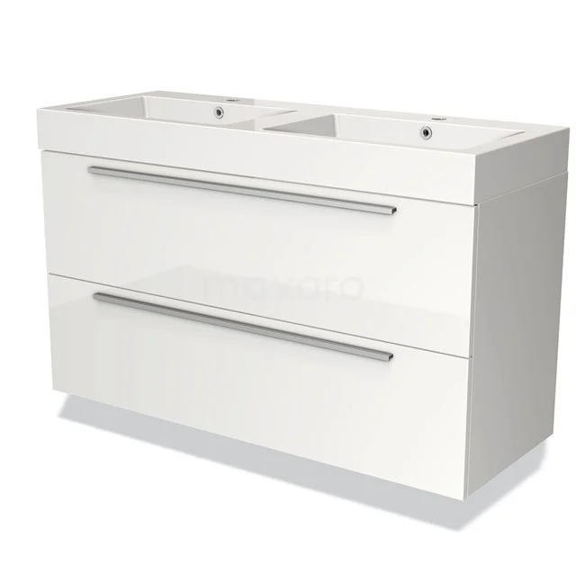 White double vanity unit with sleek design, featuring two wide drawers with chrome handles, ideal for modern bathrooms.