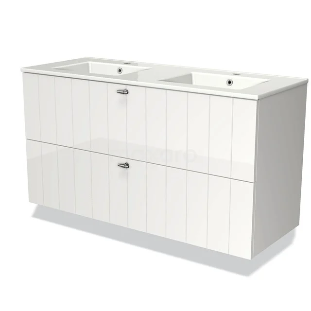 Modulo Vanity units with basin | 120 cm High-gloss white Slat front Ceramic 2 Stacked drawers BMW17-01345