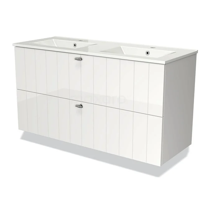 Wit houten badkamermeubel met dubbele wastafel en twee ruime softclose lades, ideaal voor moderne badkamers.