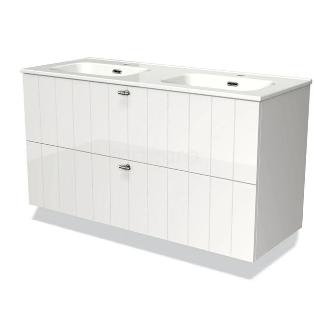 Wit hoogglans badkamermeubel met dubbele wastafel, ruime lades en moderne afwerking, ideaal voor een stijlvolle badkamer.