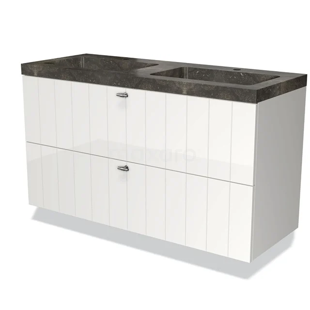 Wit badkamermeubel met twee lades, zwarte marmeren wastafelblad, modern design, ideaal voor stijlvolle badkamerinrichting.