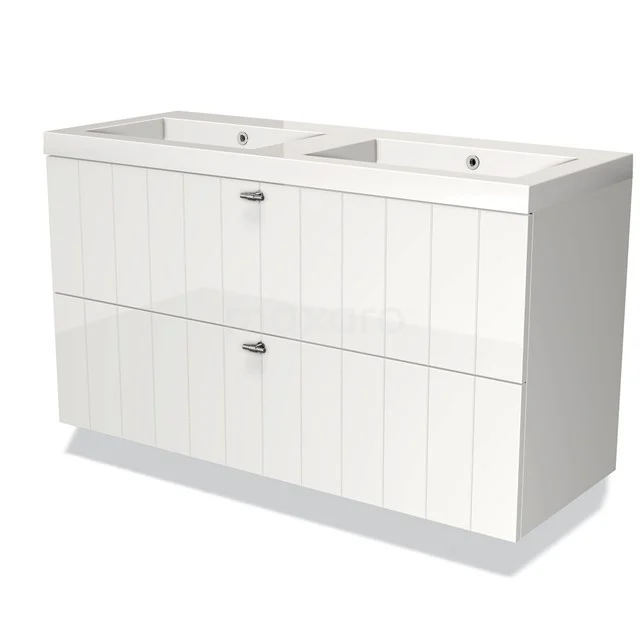 Witte dubbele wastafel met ladekast, glanzend afwerking, moderne badkamermeubel van de Elite-serie, ruim en stijlvol ontwerp.