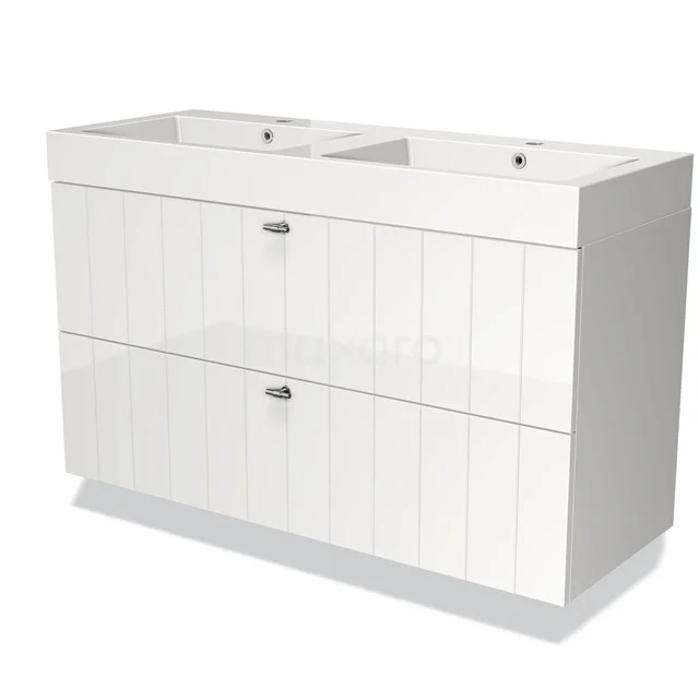 Witte dubbele wastafelmeubel met twee lades, strak ontwerp, perfect voor een moderne badkamer inrichting.