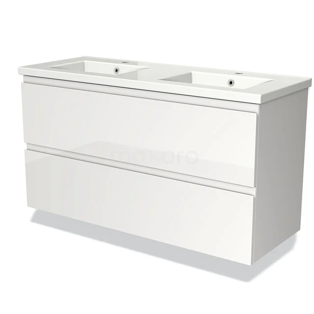 White double vanity unit with sleek finish, ideal for a modern bathroom, fitted with two storage drawers.