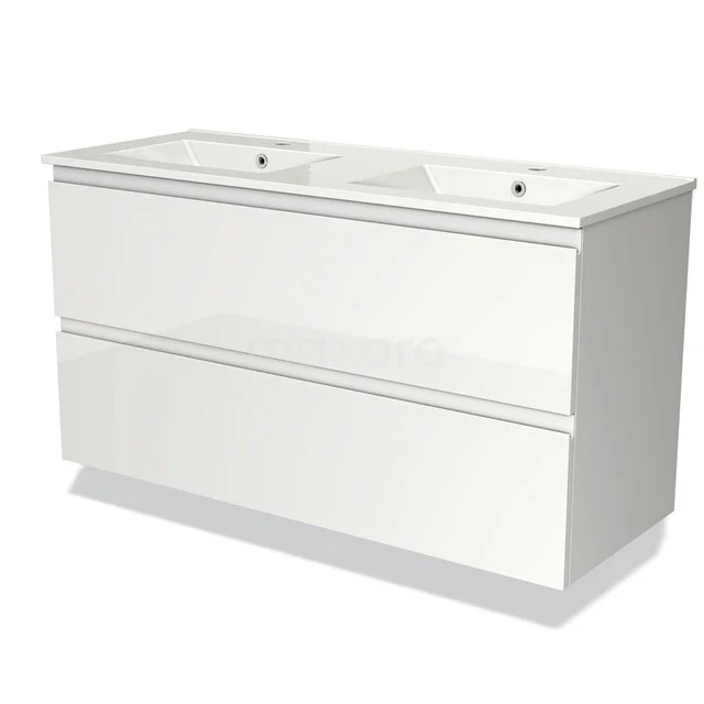 White bathroom unit with double basin, modern finish and two spacious drawers, ideal for stylish storage space.