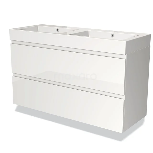 High-gloss white bathroom unit with double basin, clean lines and two spacious drawers for modern bathroom storage.
