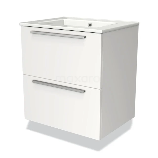 Wit badkamermeubel met twee lades, modern design, metalen handgrepen, inclusief ingebouwde wastafel van keramiek.