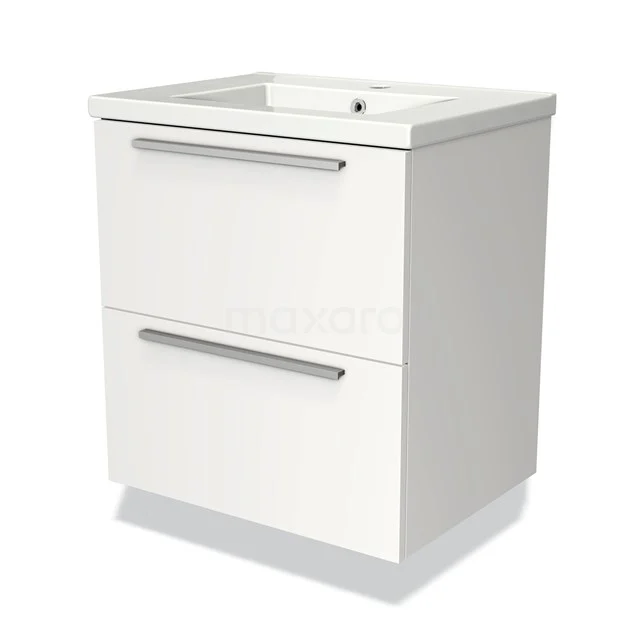 Wit badkamermeubel met twee softclose lades, geïntegreerde wastafel en strakke chromen handgrepen, modern en compact ontwerp.