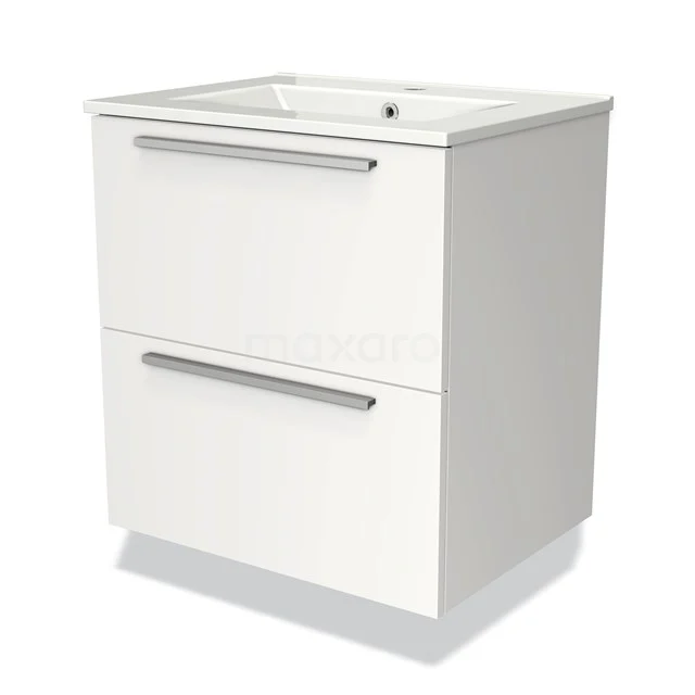 Wit badkamermeubel met twee brede lades, strakke metalen handgrepen en geïntegreerde wastafel; modern en stijlvol design.