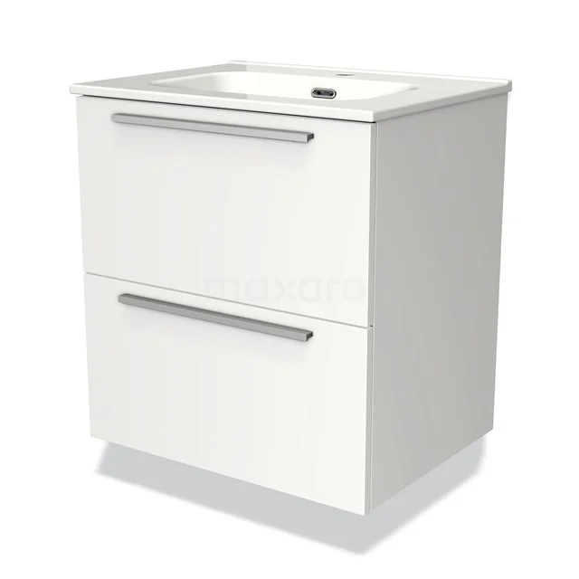 Witte badkamerkast met twee ruime lades, strakke handgrepen en keramische wastafel, ideaal voor moderne badkamerinrichting.