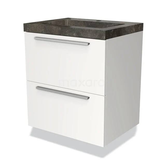 Badmöbel 60cm Modulo Matt Weiß 2 Schubladen Flaches Waschbecken Naturstein Blaustein BMW17-01374 Weißes Badezimmermöbel mit zwei Schubladen und einer dunkelgrauen Naturstein-Waschtischplatte, modernes Design.
