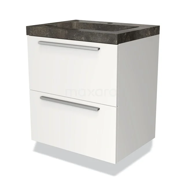 Weißes Badezimmermöbel mit zwei Schubladen und einer dunkelgrauen Naturstein-Waschtischplatte, modernes Design.