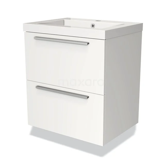 Wit badkamermeubel met twee lades, strak design en moderne metalen handgrepen, ideaal voor eenvoudige badkameropslag.