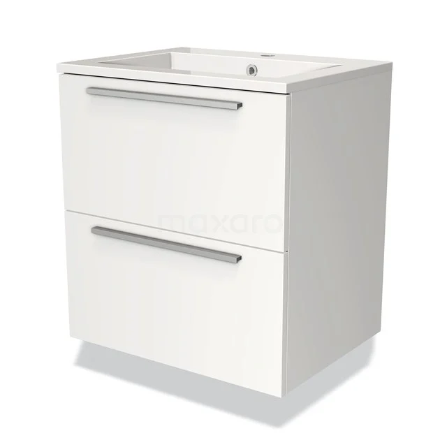 White bathroom unit with two drawers and metal handles, modern design, ideal for bathroom storage.