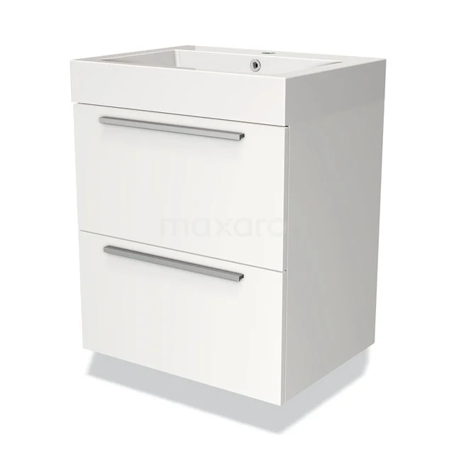 Wit badkamermeubel met twee lades, modern design en metalen handgrepen, ideaal voor een stijlvolle en praktische badkamer.