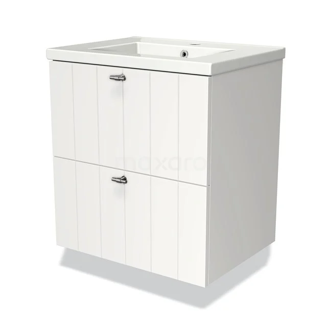 Wit badkamermeubel met twee lades, houtlook fronten en geïntegreerde wastafel; compact en modern ontwerp.