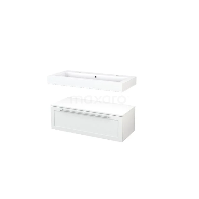 White rectangular vanity unit with ceramic basin, sleek design and base cabinet, perfect for modern bathrooms.