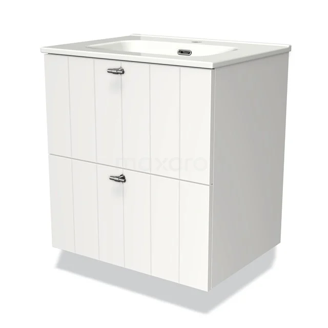 White wooden bathroom unit with two fluted drawers, integrated vanity units with basin and metal handles.
