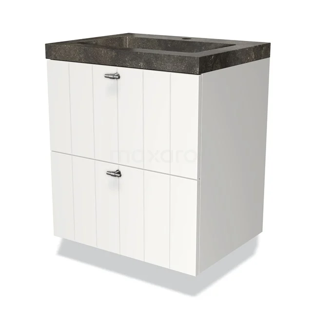 Wit badkamermeubel met twee lades, houten fronten en een donkere steenlook wastafel; compact en modern ontwerp.