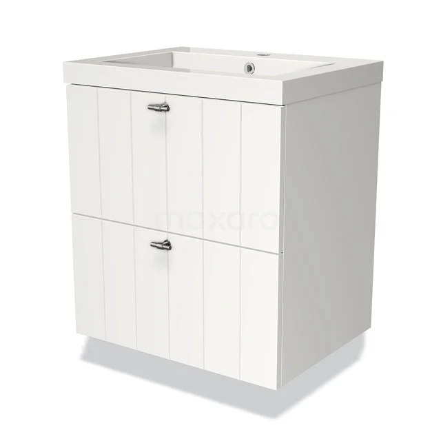 Witte badkamermeubel met twee lades, opvallend paneelontwerp en metalen handgrepen, ideaal voor moderne badkameropslag.
