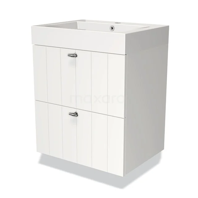 Modulo Waschtische | 60 cm Matt Weiß Lamelle front Mineralguss 2 übereinanderliegende Schubladen BMW17-01389 Weißes Holz-Badezimmermöbel mit zwei Schubladen und chromfarbenen Haltegriffen, ideal für stilvollen Stauraum im Badezimmer.