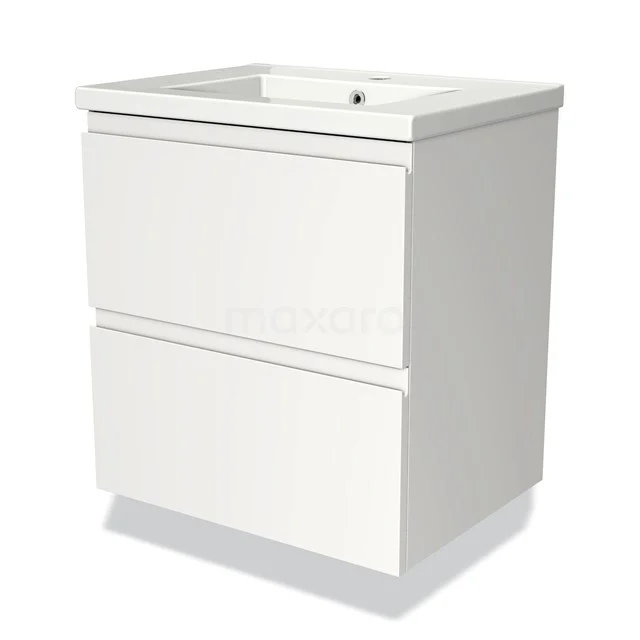 Weißes Badezimmermöbel mit zwei Schubladen, Hochglanz-Finish und integriertem Waschbecken, ideal für einen modernen Badezimmerstil.