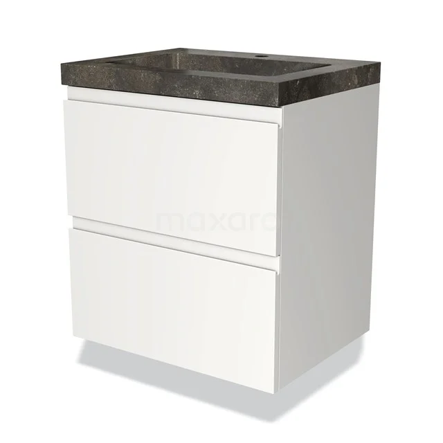 Weißes Badezimmermöbel mit zwei Schubladen und schwarzer Marmor-Waschtischplatte, schlankes Design aus einer modernen Badmöbel-Serie.