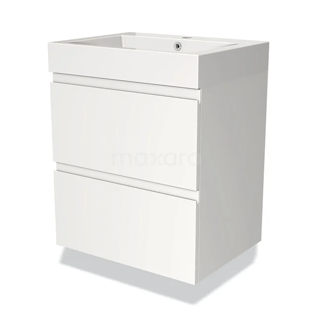 Weißes Badezimmermöbel mit zwei Softclose-Schubladen, modernes Design, ideal für kompakte Bäder, hergestellt aus hochwertigem Kunststoff.