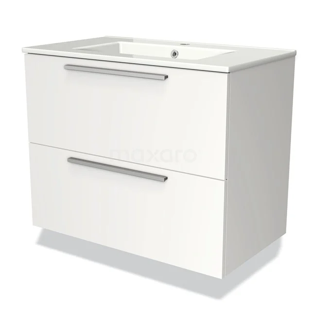White bathroom unit with two drawers and built-in vanity units with basin, sleek design with metal handles.