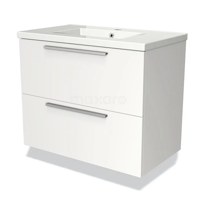 Modulo Vanity units with basin | 80 cm Matte white Flat front Ceramic 2 Stacked drawers BMW17-01403 White Bathroom unit with ceramic vanity units with basin, two drawers with metal handles, modern design, ideal for compact bathrooms.