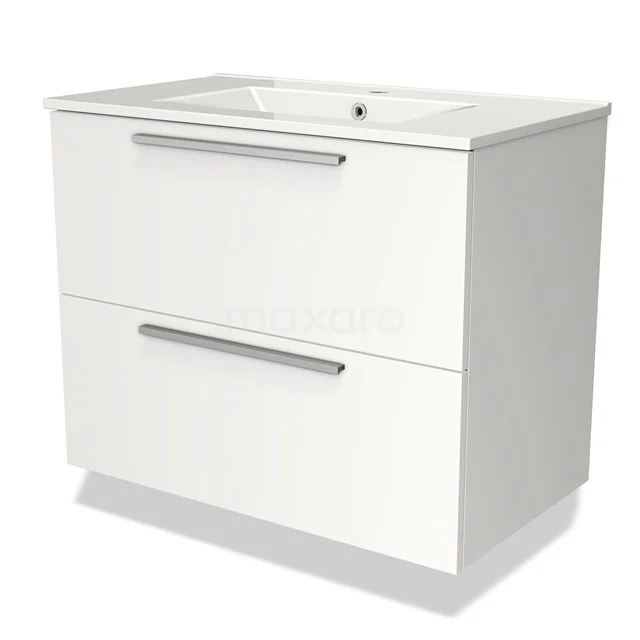Wit badkamermeubel met twee lades en chromen handgrepen, strak design, ideaal voor moderne badkamers.