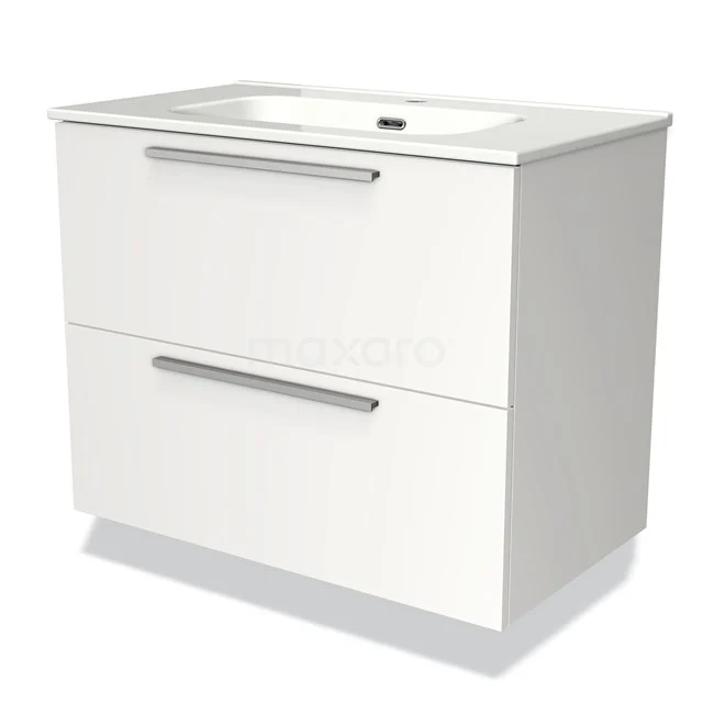 White wooden bathroom unit with two drawers, integrated vanity units with basin and modern silver handles.