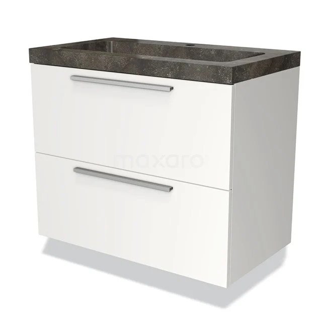 Weißes Badezimmermöbel mit zwei Schubladen, graue Verbundwaschtischplatte, schlankes Design für moderne Badezimmergestaltung.