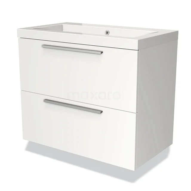 White Bathroom unit with two drawers, slim metal handles and integrated vanity units with basin; modern design for any bathroom.