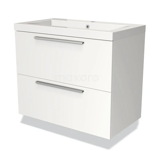 Wit, rechthoekig badkamermeubel met twee lades en geïntegreerde wastafel, moderne afwerking voor een stijlvolle badkamer.