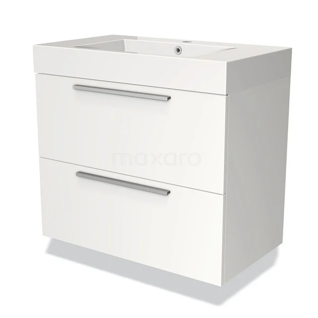 Modern wit badkamermeubel met twee ladegrepen, minimalistisch design en keramische wastafel, ideaal voor stijlvolle badkamers.