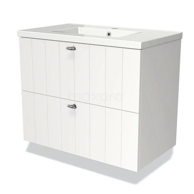 White wooden bathroom unit with two drawers and integrated vanity units with basin, ideal for modern bathroom set-ups.