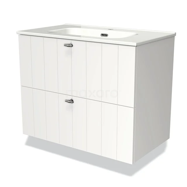 Weißes Badmöbel mit zwei Schubladen, vertikalen Linien, chromatischen Haltegriffen und keramischem Waschbecken, perfekt für ein modernes Badezimmer.