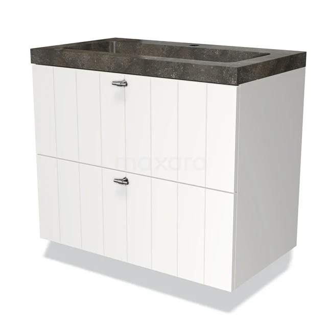 White bathroom unit with two drawers and grey stone basin worktop, ideal for a modern bathroom design.