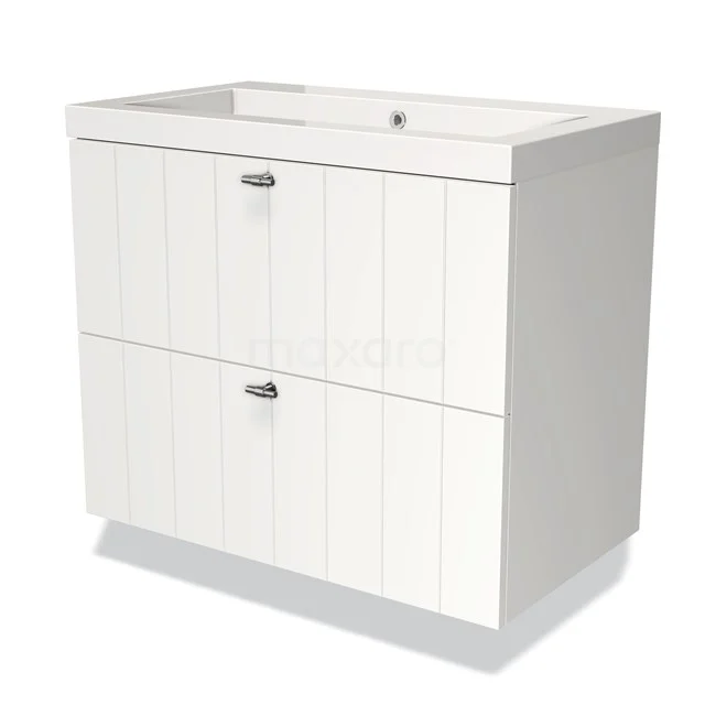 White bathroom unit with two drawers and vertical lines, ideal storage for a modern bathroom, made of durable wood material.