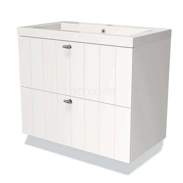 White bathroom unit with two drawers, vertical grooves, ceramic vanity units with basin and chrome handles, ideal for a modern bathroom.