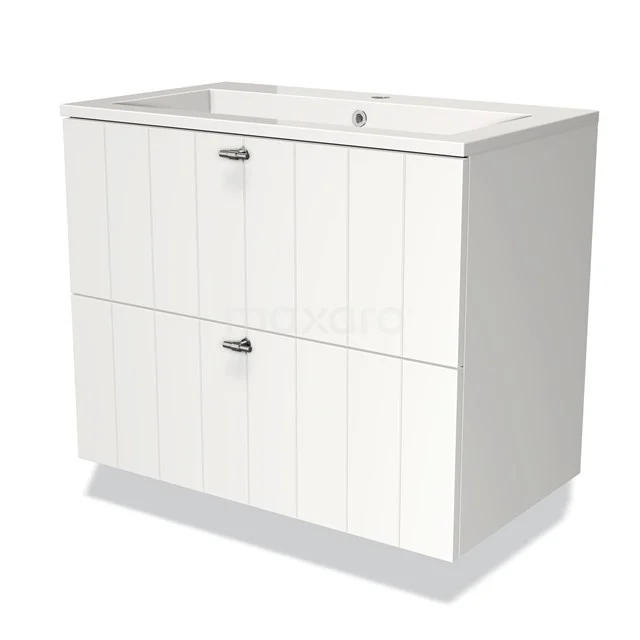 White bathroom unit with 2 handleless drawers, vertical grooves and integrated vanity units with basin, modern design.