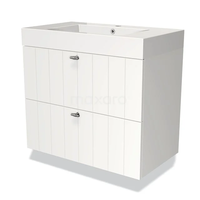 Weißes Badezimmermöbel mit doppelten Schubladen, moderner Holzoberfläche und integriertem Waschbecken, ideal für kompakte Bäder.