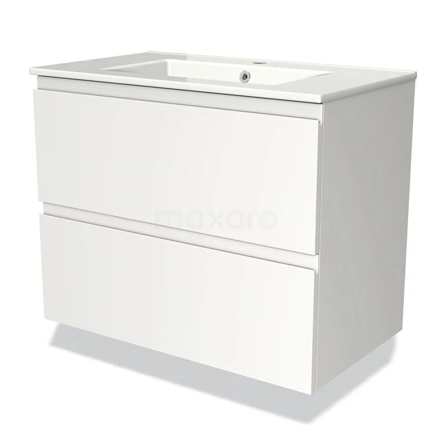 White bathroom furniture set with two drawers, modern design, suitable for bathroom storage.