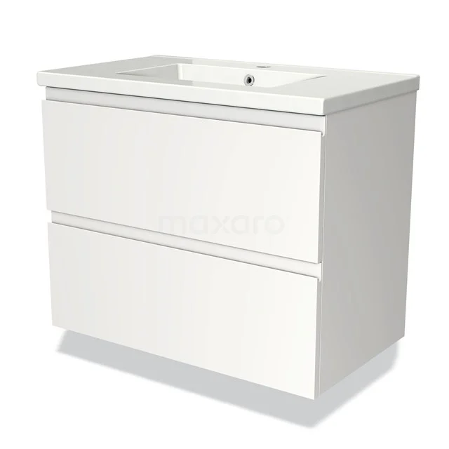 Modulo Bathroom furniture with sink | 80 cm Matte white Handle-less front Ceramic 2 Stacked drawers BMW17-01427 White bathroom unit with two drawers, sleek design, suitable for modern bathrooms.