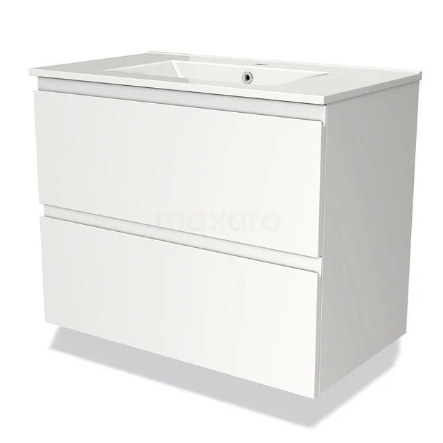 Wit wastafelmeubel met twee lades, modern design, ideaal voor een strakke badkamerinrichting.