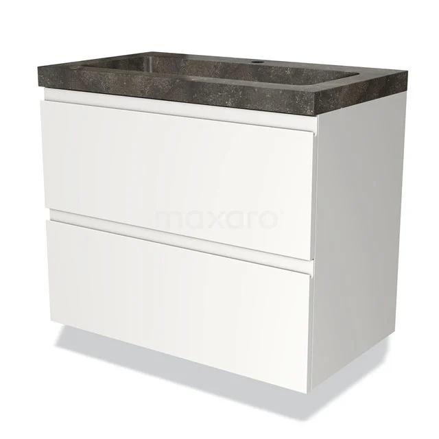 Weiße Badmöbelset mit 2 Schubladen und anthrazitfarbigem Keramik-Waschbecken, modernes Design geeignet für moderne Bäder.